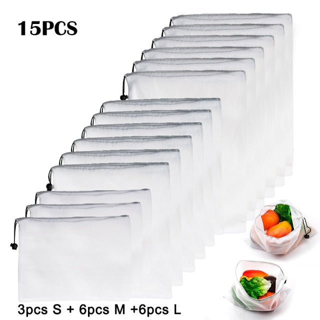 15pcs Reusable Vegetable Fruit Mesh Produce Bags