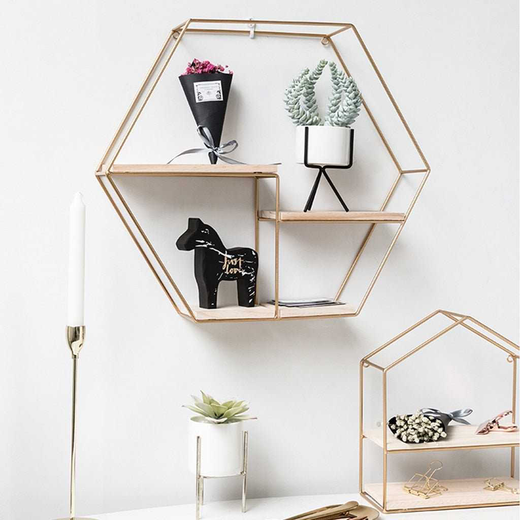 Nordic Iron Hexagonal Grid Wall Shelf Decorative Storage Rack