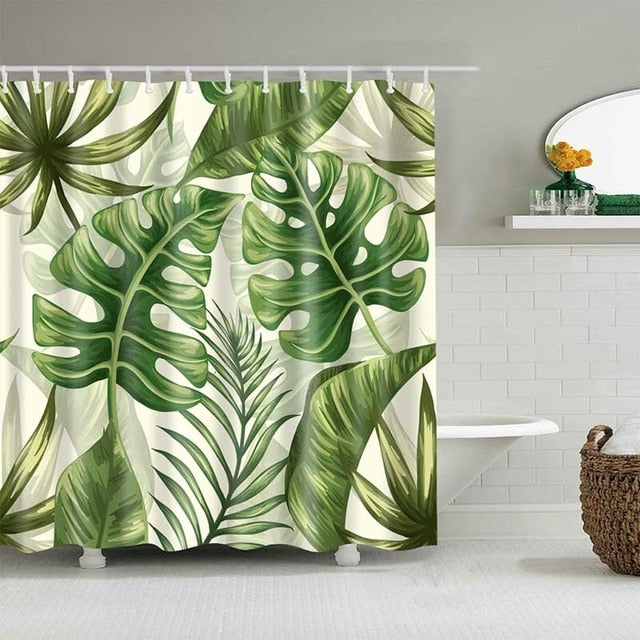 Green Tropical Plants Shower Curtain Bathroom Waterproof