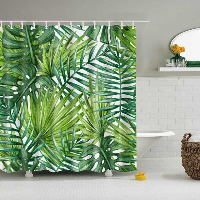 Green Tropical Plants Shower Curtain Bathroom Waterproof