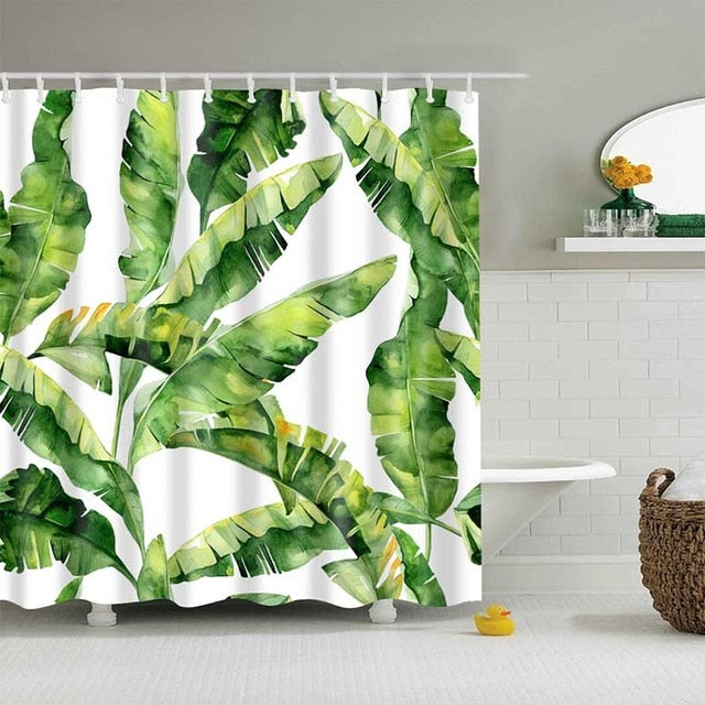 Green Tropical Plants Shower Curtain Bathroom Waterproof