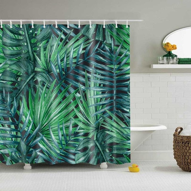 Green Tropical Plants Shower Curtain Bathroom Waterproof