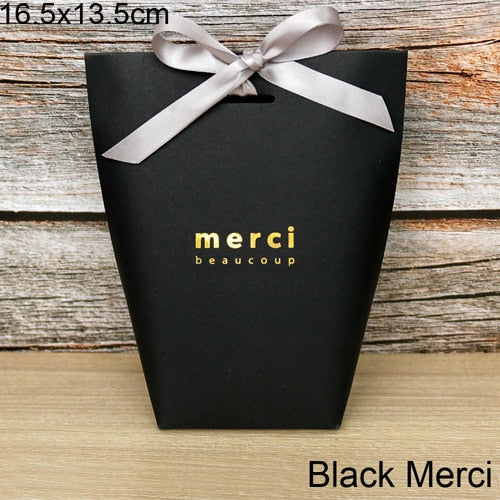 5pcs Upscale Black White Bronzing "Merci" Candy Bag